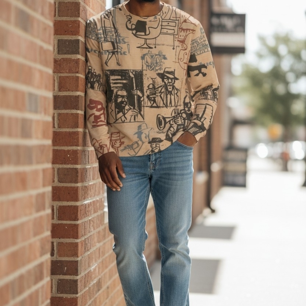 Men's Graphic Crewneck Sweater in Beige
